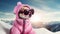 A happy, active, small, cheerful dog in a pink jacket and glasses runs through the snow overlooking a snowy landscape of