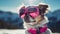 A happy, active, small, cheerful dog in a pink jacket and glasses runs through the snow overlooking a snowy landscape of