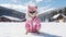 A happy, active, small, cheerful dog in a pink jacket and glasses runs through the snow overlooking a snowy landscape of