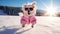 A happy, active, small, cheerful dog in a pink jacket and glasses runs through the snow overlooking a snowy landscape of