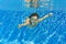 Happy active underwater child swims and dives in pool