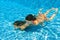 Happy active underwater children swim in pool