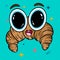 Happy adorable croissant emote with big eyes cartoonish and graphic elements background.