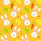 Happy adorable rabbit face cartoon character head mammal and easter eggs holiday seamless pattern