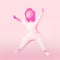 Happy African American body positive woman jumping 3D rendering pink gradient toning. Multiracial plus size diverse girl