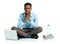 Happy african american college student with laptop, books sitting on white background