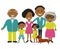 Happy African American family of four members: parents, their son and daughter. Lovely cartoon characters on nature sunny summer d