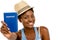 Happy African American Woman tourist holding passport white back