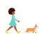 Happy african-american woman walking with dog corgi. cute illustration for creating a romantic mood. Illustration of