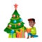 happy african boy opening new year gift boxes near celebrative fir-tree cartoon vector