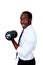 Happy african businessman lifting dumbbells