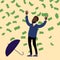 Happy african businessman and umbrella, falling money rain. Success finance business, falling cash. Vector illustration
