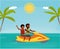 Happy african couple enjoy riding ski jet in blue ocean. Summer Vacation. Cartoon vector illustration. Sea tour. African