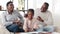 Happy african family afro american parents helping black little girl schoolgirl child draw picture homework sitting on