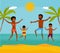 Happy african family have fun and live healthy lifestyle on beach. Active travel concept. Cartoon flat style