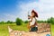 Happy African girl as pirate with hat and sword