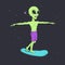 Happy alien rides on surfboard in space