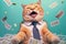 happy amazed excited cat in a suit catching money, created with Generative AI technology
