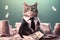 happy amazed excited cat in a suit catching money, created with Generative AI technology