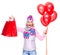 Happy american woman with red shopping bags and balloons
