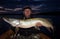 Happy angler with monster pike at evening time