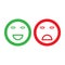 Happy and Angry icons, with red and green marker , concept of motivation, voting, test, positive answer, poll, selection, choice m