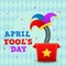 Happy april fools day illustration with surprise box and hat Vector