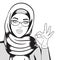 Happy arab woman in hijab smiling and showing ok sign line art, vector illustration of successful muslim woman in pop art retro co