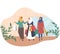 Happy arab women walking with shopping bags talking to each other, flat vector illustration