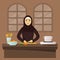 Happy arabic muslim woman with beautiful hijab and traditional emirati abaya cooking Iftar on the kitchen, dinner for celebration