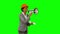 Happy architect using a megaphone on green screen