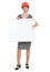 Happy architect woman pointing on blank flipchart