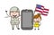 Happy Army Man with Smartphone and Kid Holding US Flag Vector Illustration