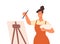 Happy artistic female in apron drawing picture use paint vector flat illustration. Smiling woman professional painter