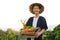 Happy Asia farmer smiling while hold various of vegetable product