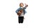 Happy Asian child girl jumping play ukulele, isolate on white