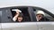 Happy asian family driving a car go to travel trip with excited on the beach for recreation together in vacation