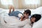 Happy Asian family loving children, kid and her sister relaxing together in bed