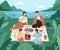 Happy Asian family on picnic in nature. Mother, father and children eating food outdoors on summer holiday. Japanese