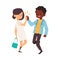 Happy asian girl gives high five to smiling black boy. Two kids greet each other clapping hands, cartoon vector isolated