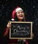 Happy Asian Girl Wearing Santa Costume Christmas Holding Merry C