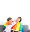 Happy Asian homosexual couples with a rainbow flag