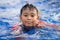 Happy asian kid boy swiming on swiming pool in the summer