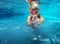 Happy asian kid swimming underwater in summer.