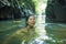 Happy Asian Korean woman in bikini enjoying unique Summer holidays at tropical forest refreshing relaxed in natural pool delighted