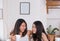 Happy asian lesbian woman couple have breakfast at house in morning with love and tender.LGBTQ lifestyle concept