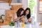 Happy asian lesbian woman couple have breakfast at house in morning with love and tender.LGBTQ lifestyle concept