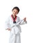 Happy Asian little girl smile and tie a white line in taekwondo