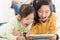 Happy asian little girls using tablet