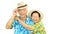 Happy Asian senior couple hugging happily wearing hat ready for